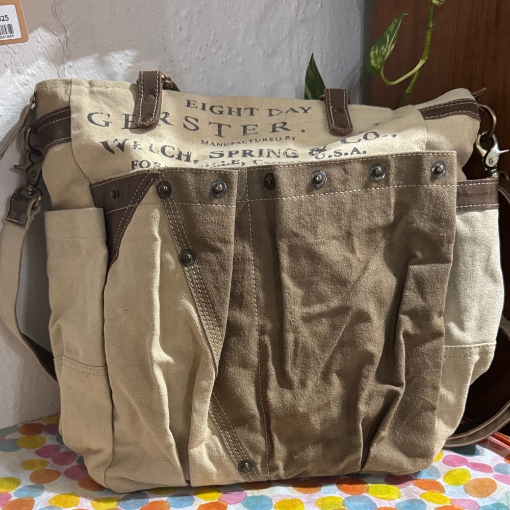Canvas and Leather Bag - Tan and Brown